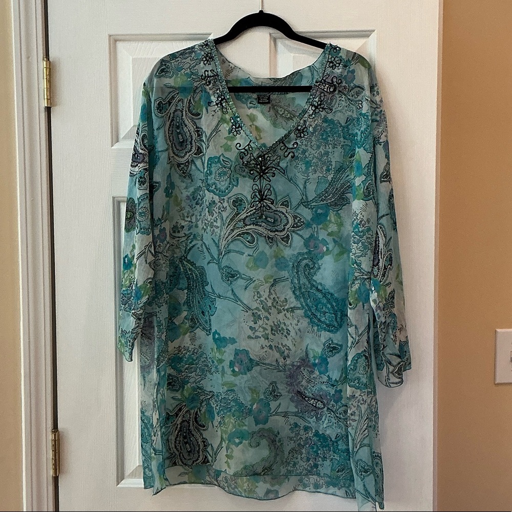 Seafoam Paisley V-Neck Tunic Top with Beaded Trim